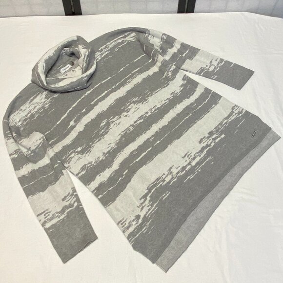 Calvin Klein Cowl Neck Hi Low Knit Tunic Sweater Long Sleeve Swirl Grey White L - Picture 8 of 12